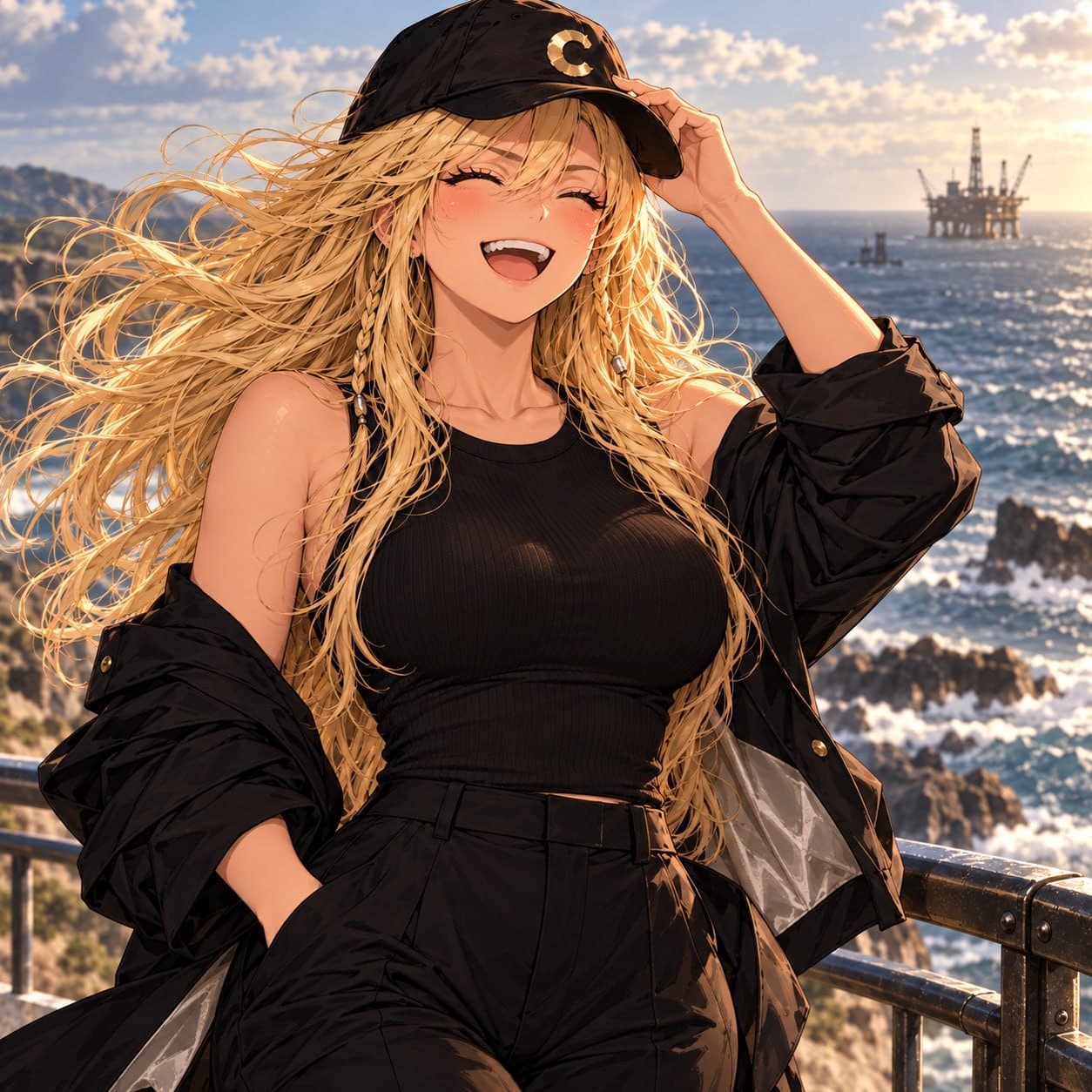 The mascot laughing on a clifftop with an offshore platform behind her