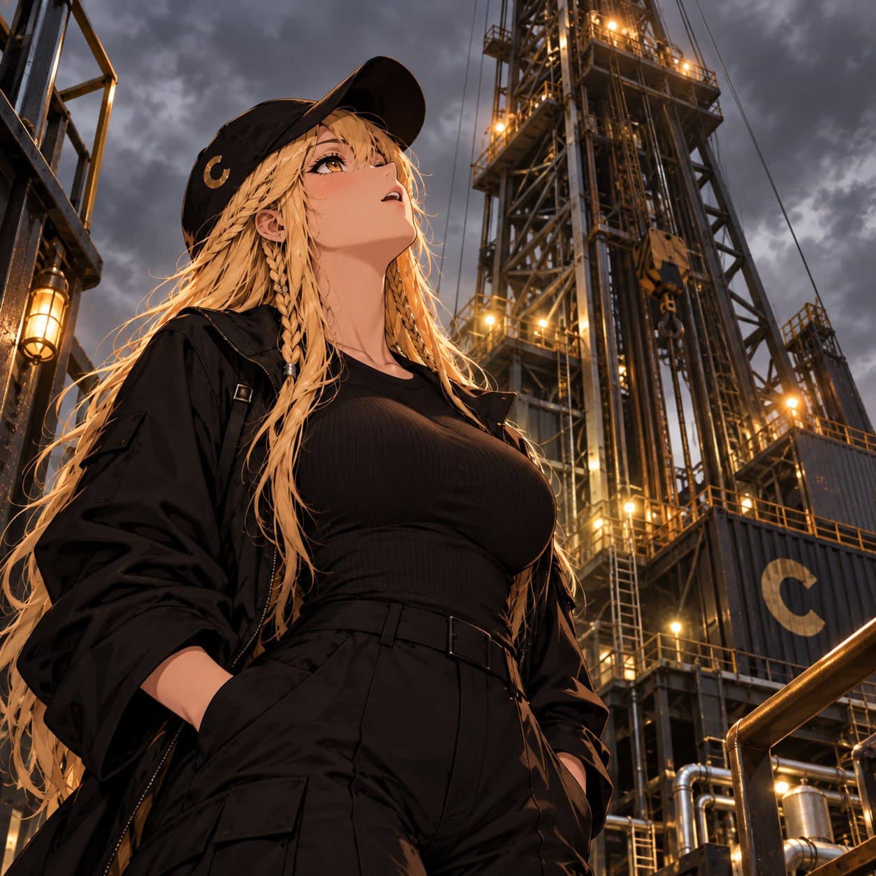 The mascot standing under a lit drilling rig at dusk