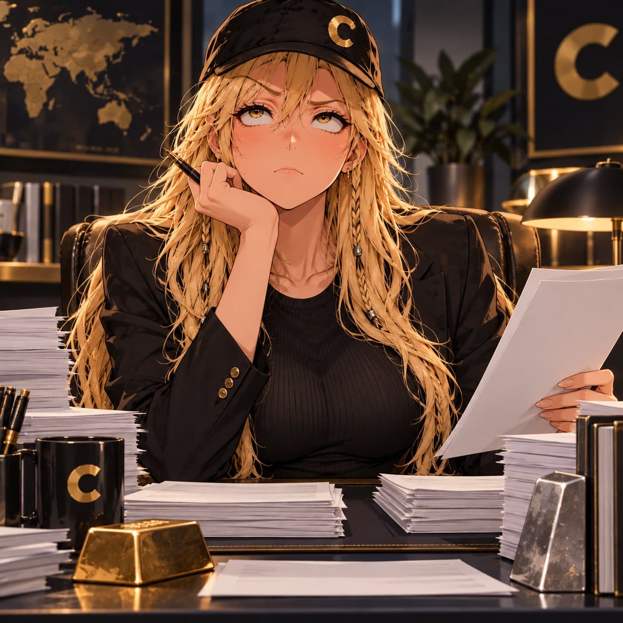 The mascot at a desk buried in paperwork, a gold and a silver bar on the blotter